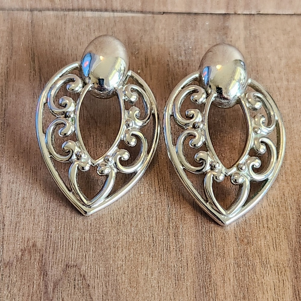 Vintage Silver Tone Filigree Scrollwork Teardrop‎ Drop Earrings Post Back 1.5"
